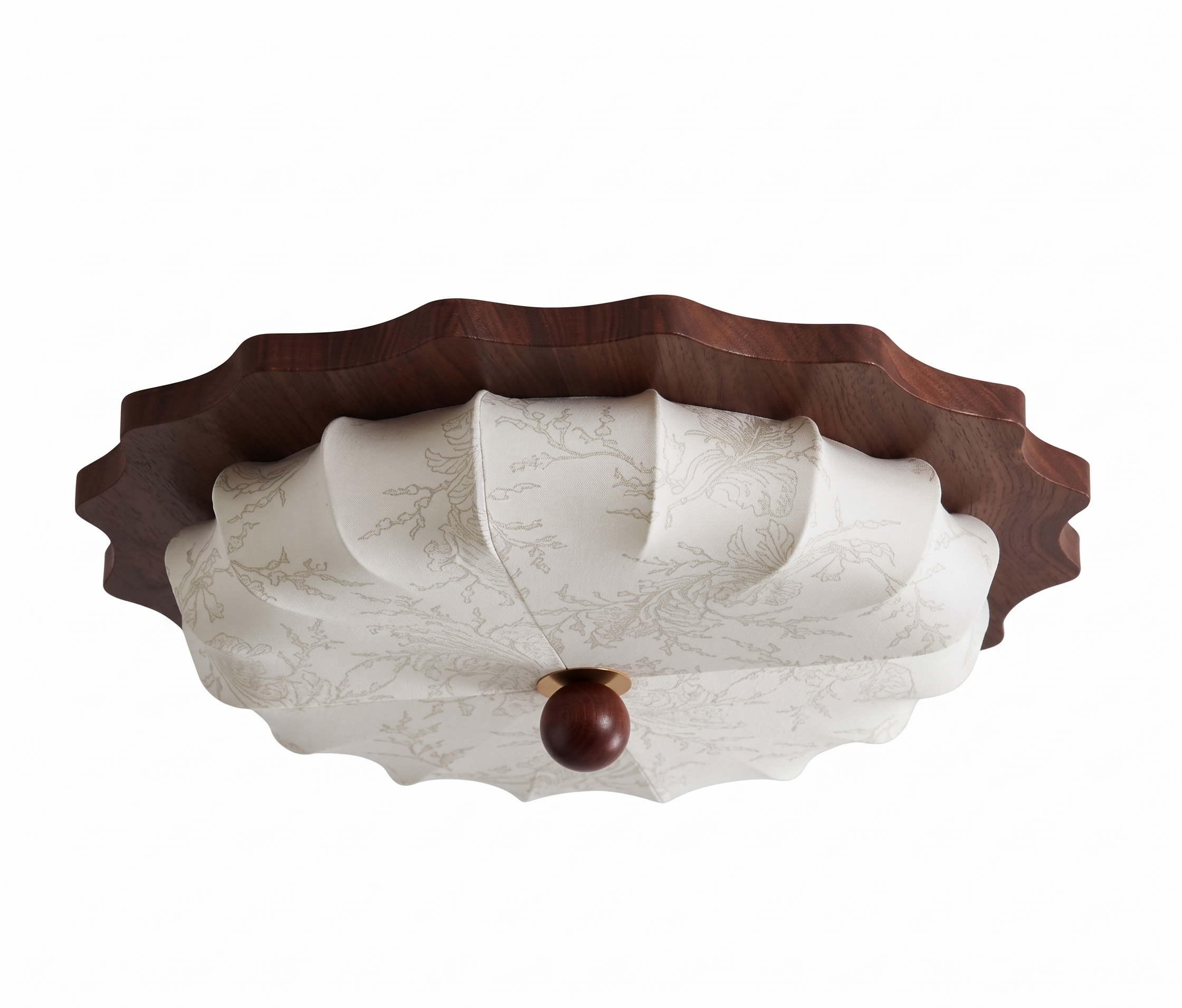 Vintage Wabi-Sabi Wooden Ceiling Light-Pleated Fabric Shade Flush Mount Fixture for Bedroom Living Room