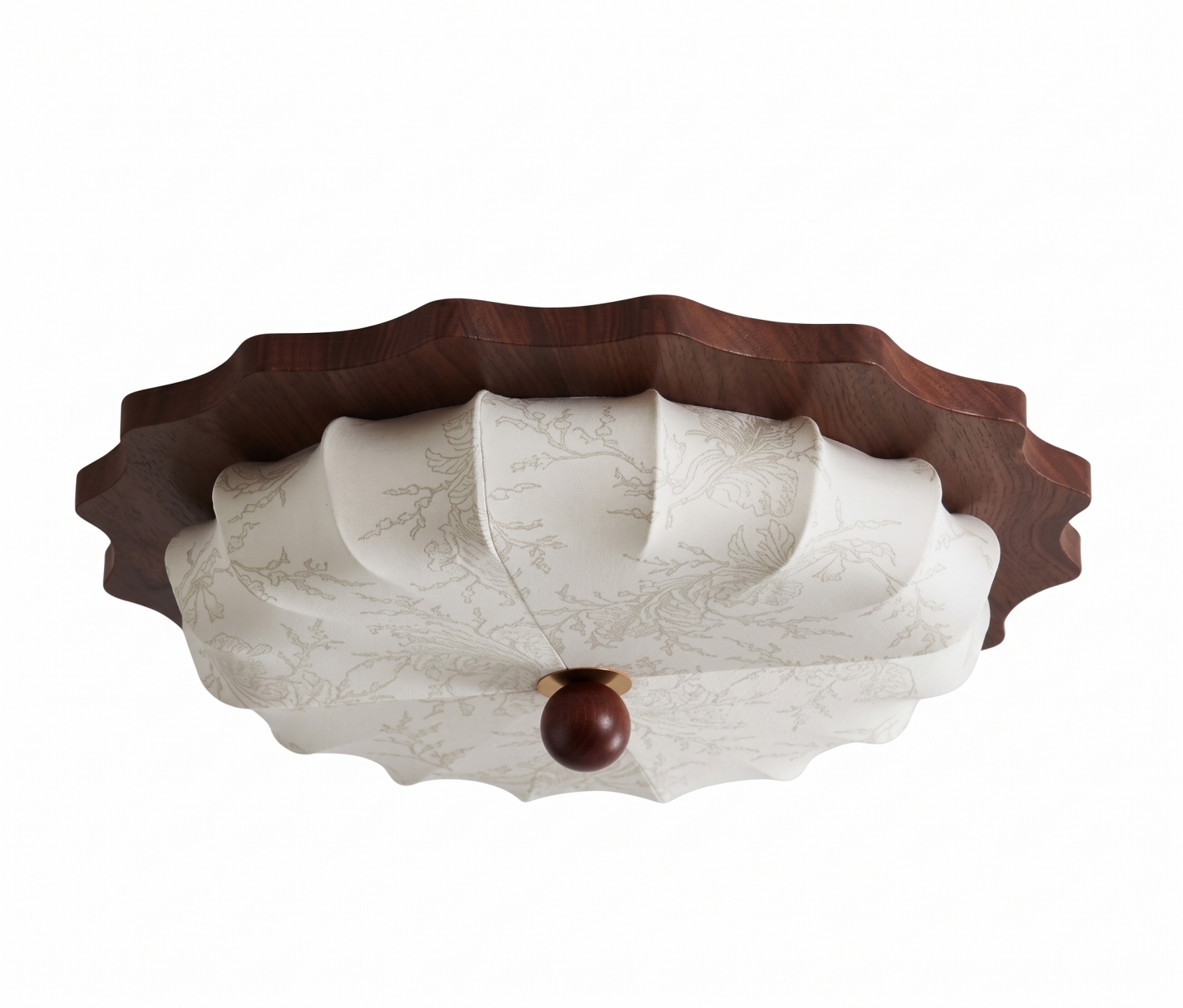 Vintage Wabi-Sabi Wooden Ceiling Light-Pleated Fabric Shade Flush Mount Fixture for Bedroom Living Room