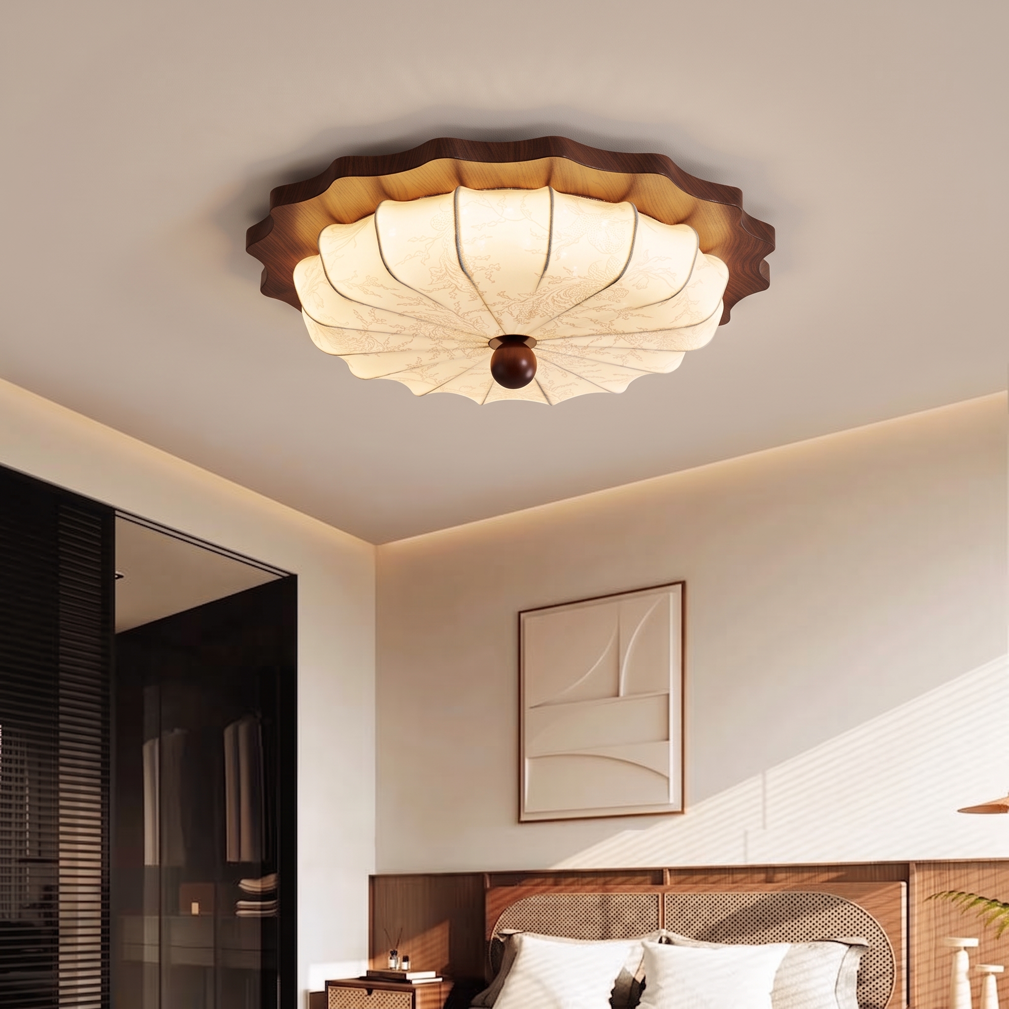 Vintage Wabi-Sabi Wooden Ceiling Light-Pleated Fabric Shade Flush Mount Fixture for Bedroom Living Room