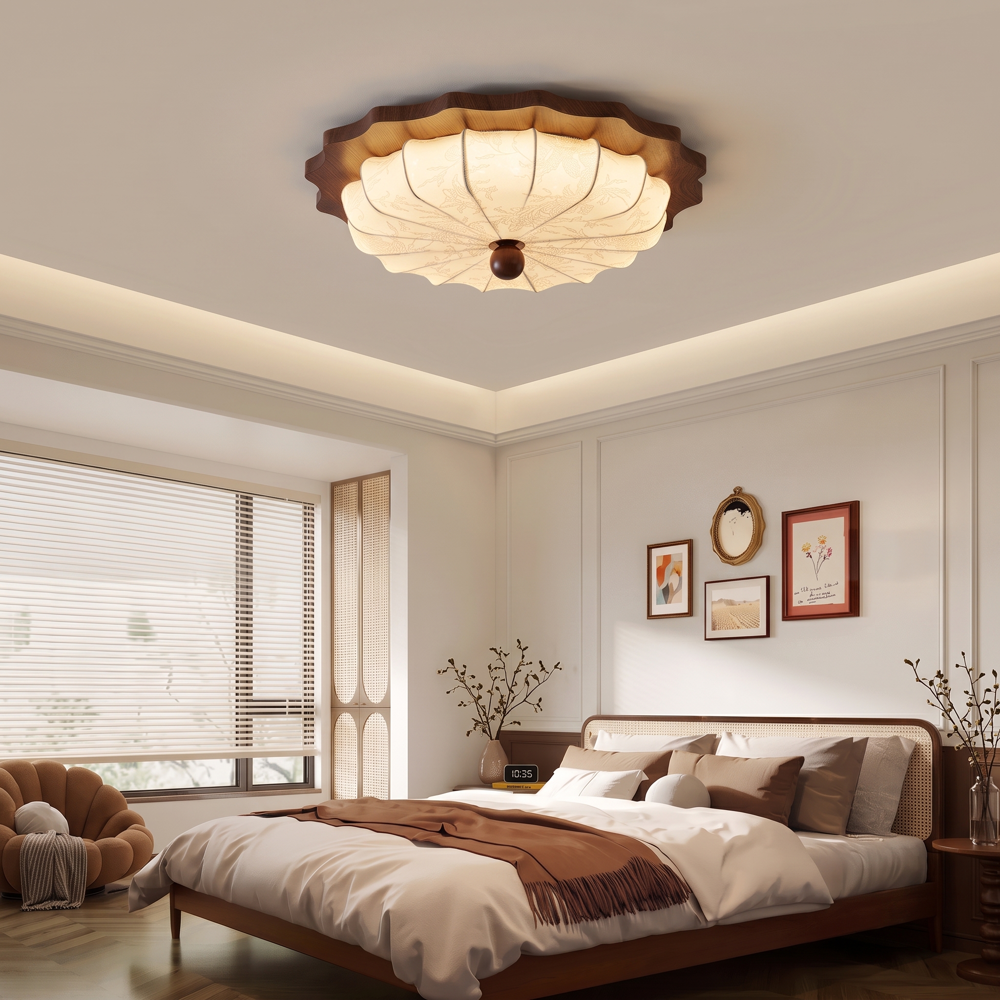 Vintage Wabi-Sabi Wooden Ceiling Light-Pleated Fabric Shade Flush Mount Fixture for Bedroom Living Room