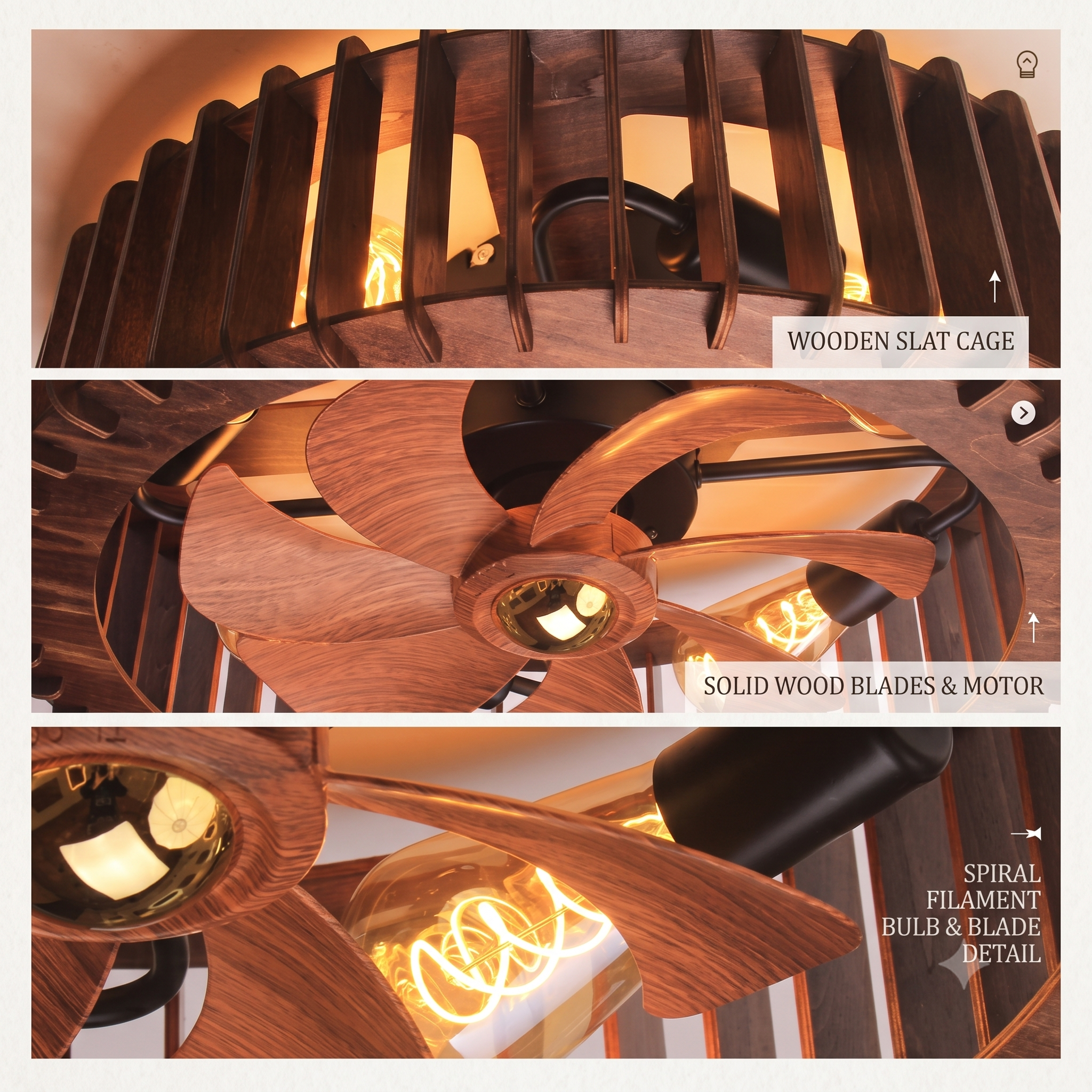 Vintage Wooden Cage Ceiling Fan with Lights Flush Mount Rustic Ceiling Fan for Bedroom Living Room