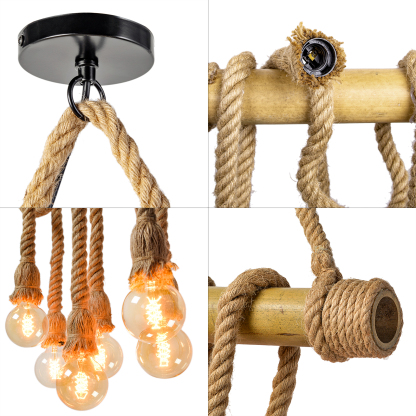 Industrial Vintage Island Pendant Light with Rope Wood Decoration-labpiecesign