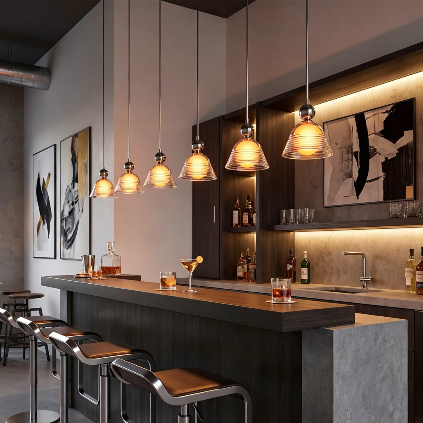 Modern Ribbed Glass LED Pendant Light for Kitchen Island