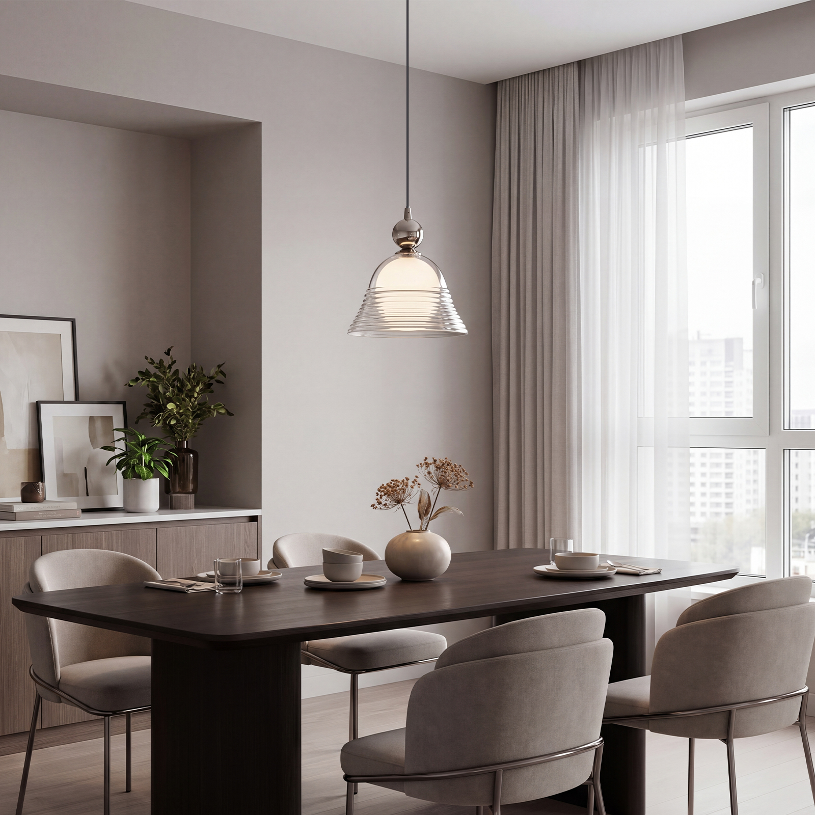 Modern Ribbed Glass LED Pendant Light for Kitchen Island