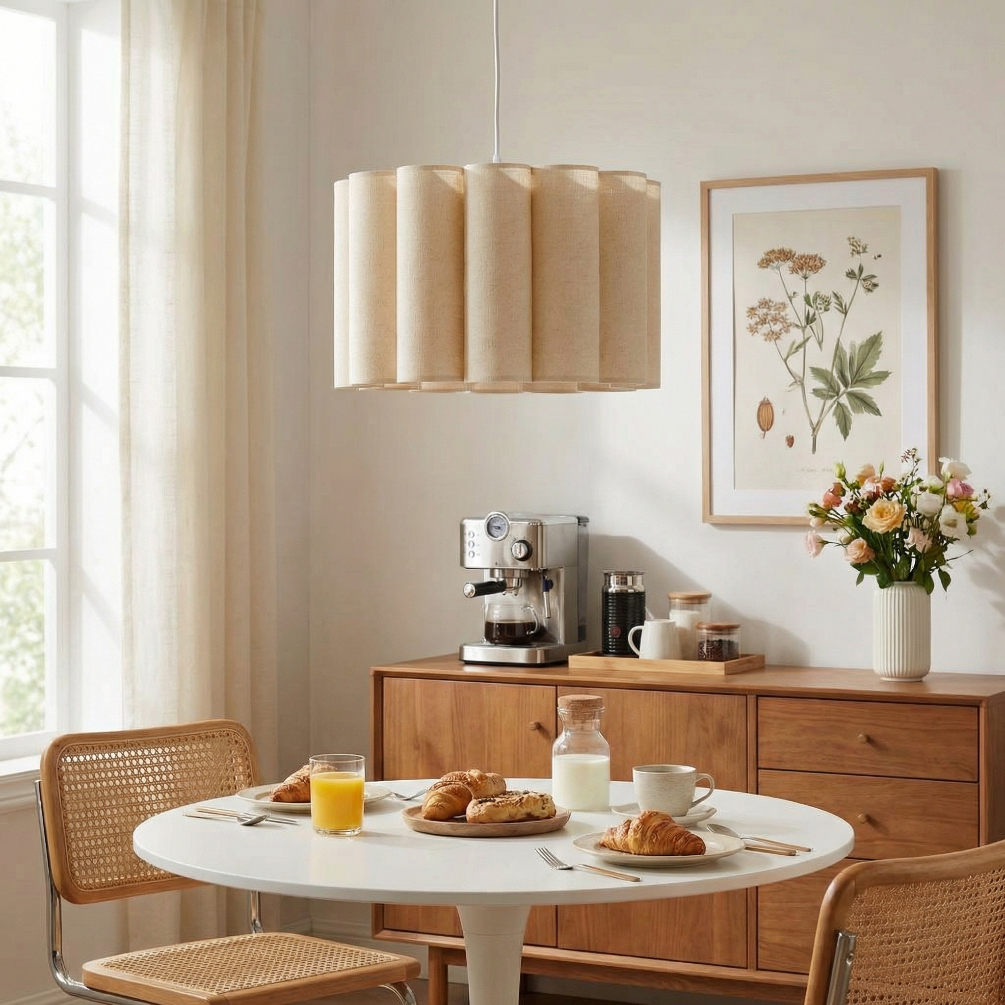 Artisanal Scalloped Fabric Pendant Light - Modern Japandi Drum Lamp