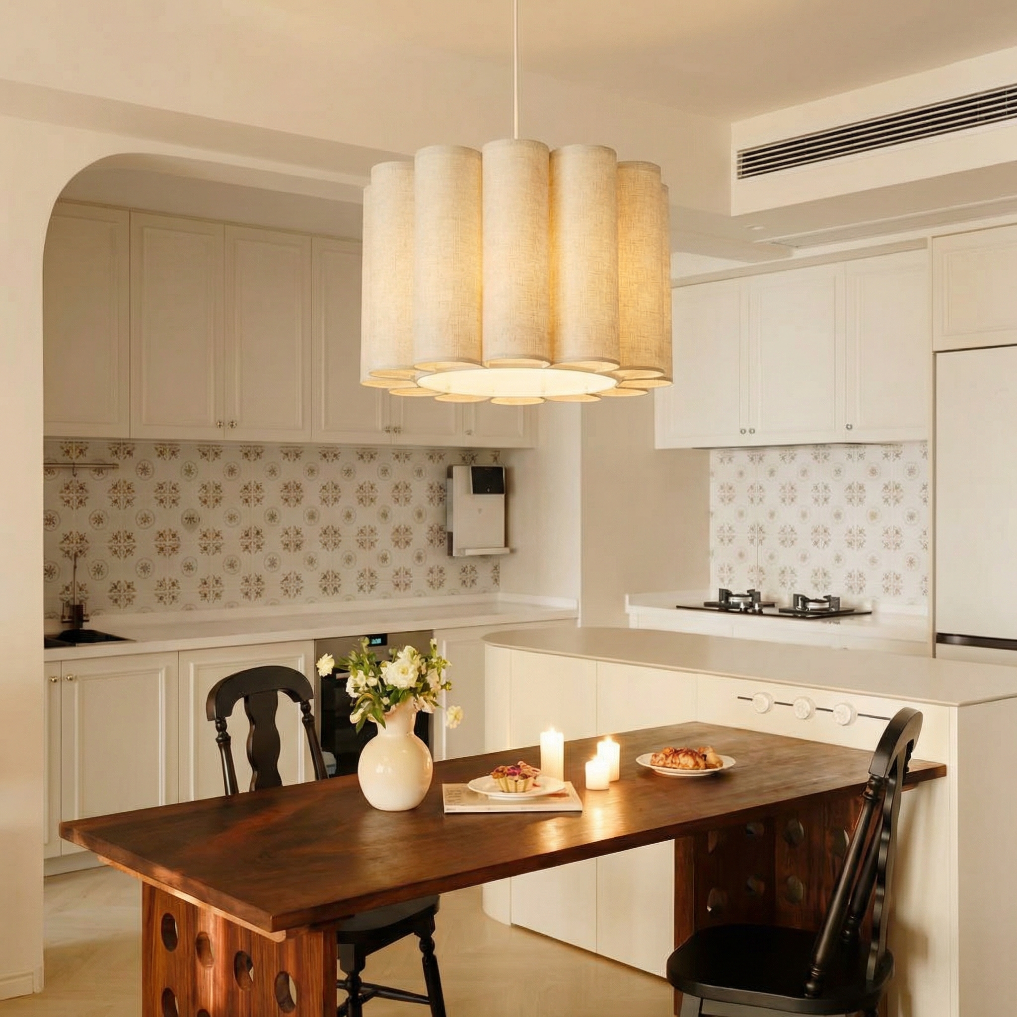 Artisanal Scalloped Fabric Pendant Light - Modern Japandi Drum Lamp