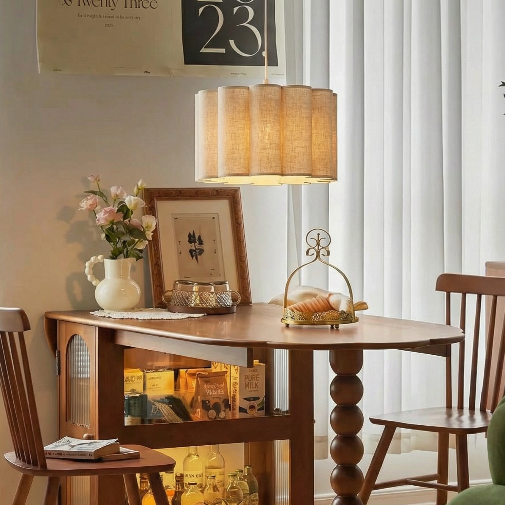Artisanal Scalloped Fabric Pendant Light - Modern Japandi Drum Lamp