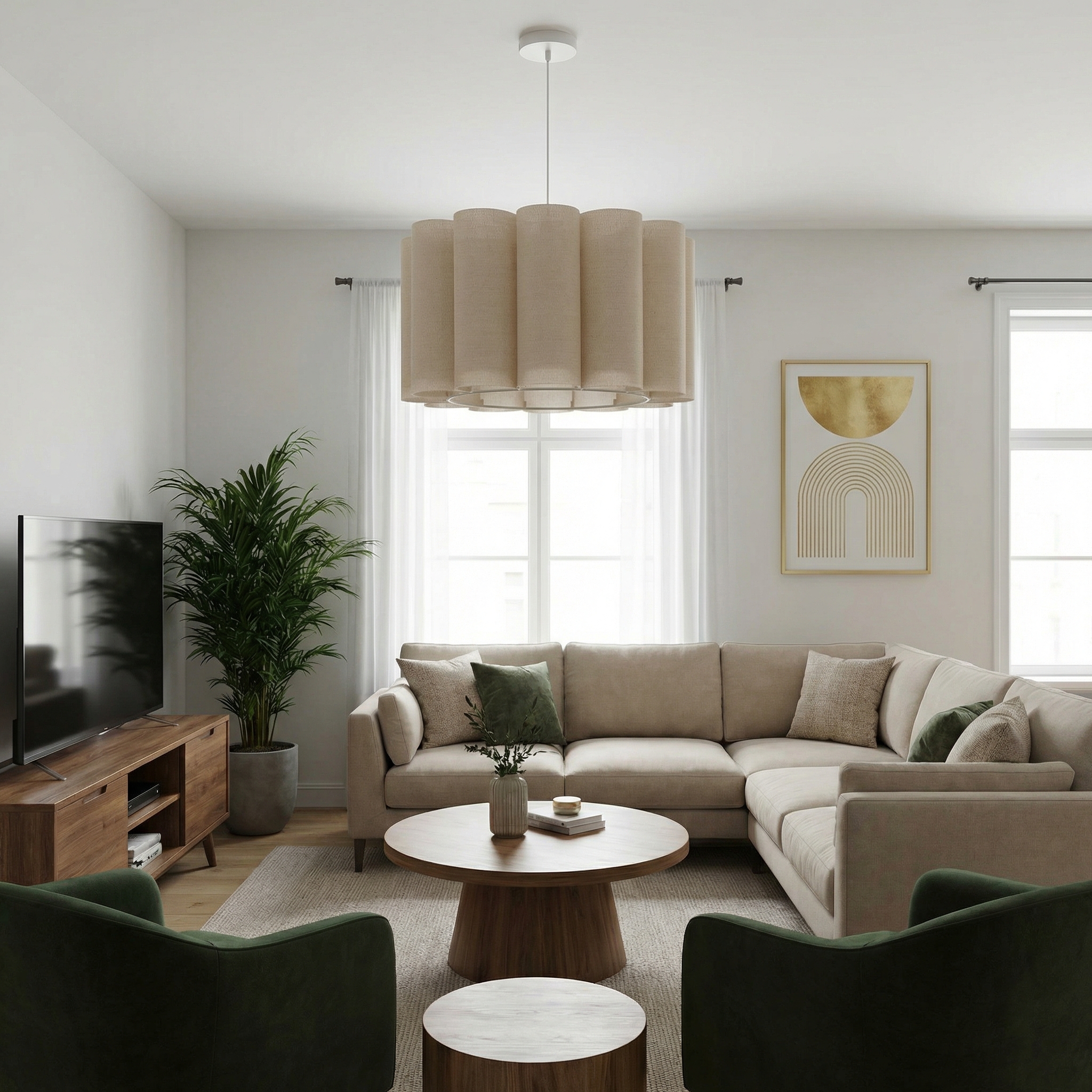 Artisanal Scalloped Fabric Pendant Light - Modern Japandi Drum Lamp