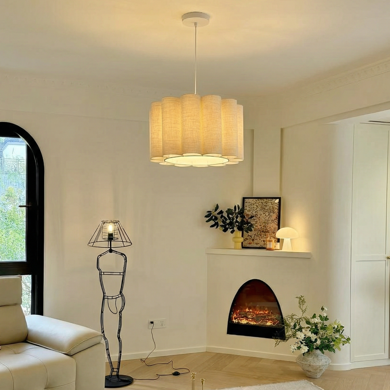 Artisanal Scalloped Fabric Pendant Light - Modern Japandi Drum Lamp
