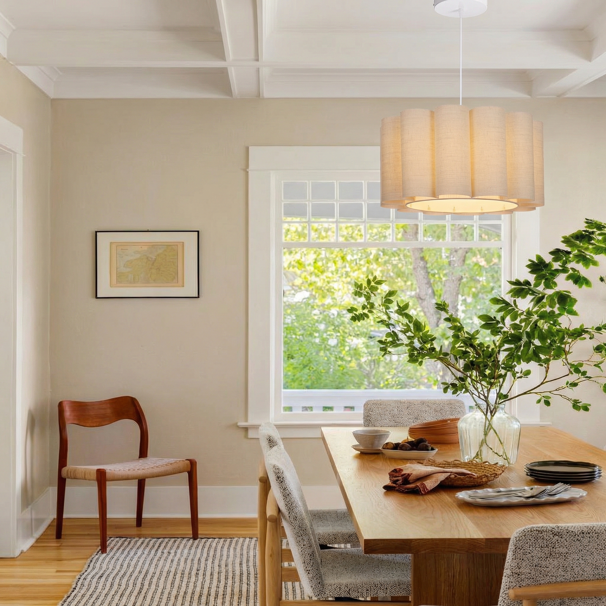 Artisanal Scalloped Fabric Pendant Light - Modern Japandi Drum Lamp