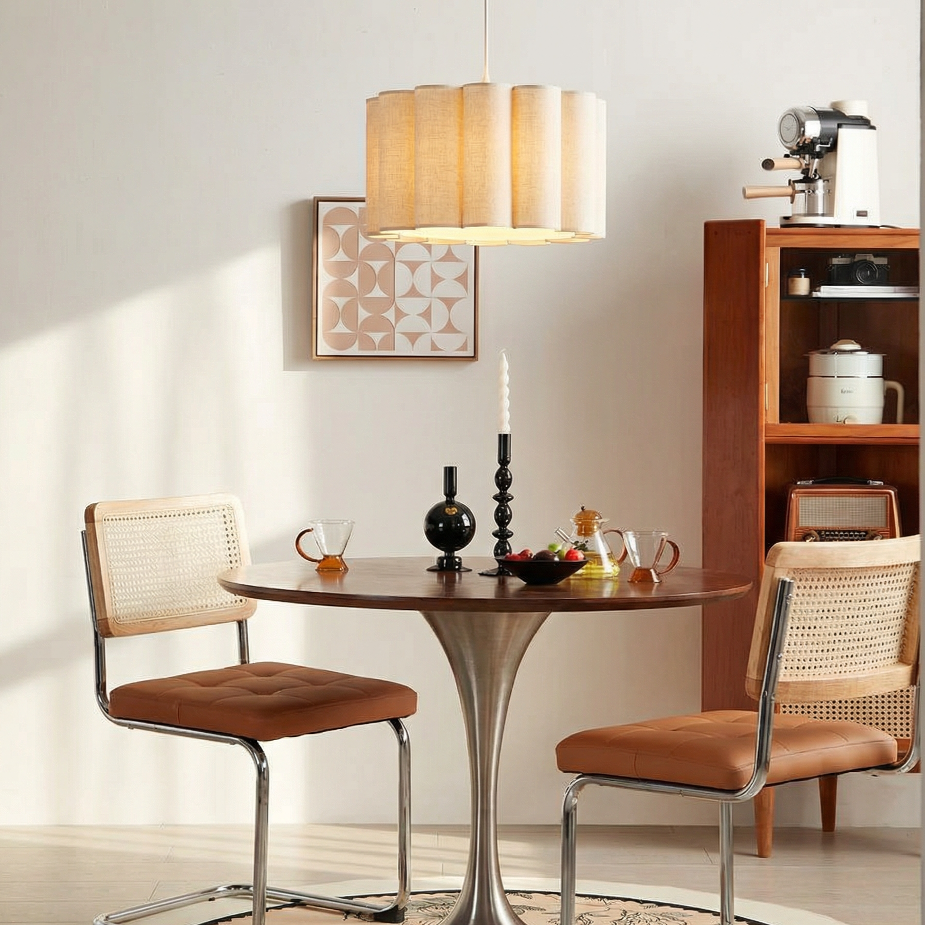 Artisanal Scalloped Fabric Pendant Light - Modern Japandi Drum Lamp