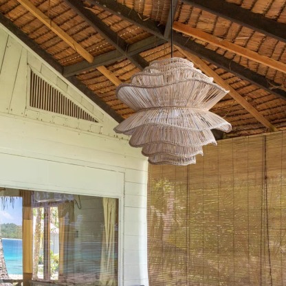 Vietnam Flower Rattan Pendant Light, Wicker Lampshade Chandelier, Bamboo Light Fixture Kitchen Dining Living Room, Woven Lantern Vintage