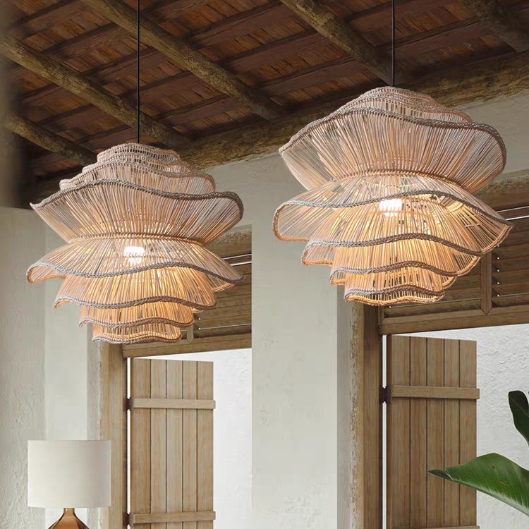 Vietnam Flower Rattan Pendant Light, Wicker Lampshade Chandelier, Bamboo Light Fixture Kitchen Dining Living Room, Woven Lantern Vintage