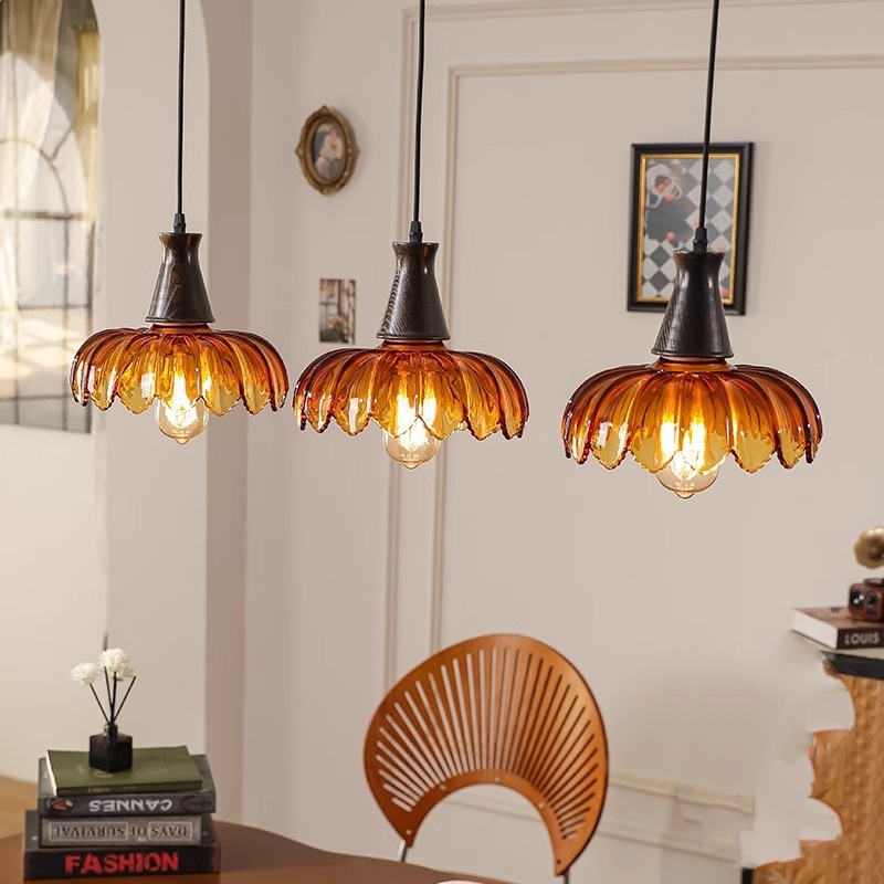 Japanese designer medieval style dining table lamp three-head lotus glass lamp