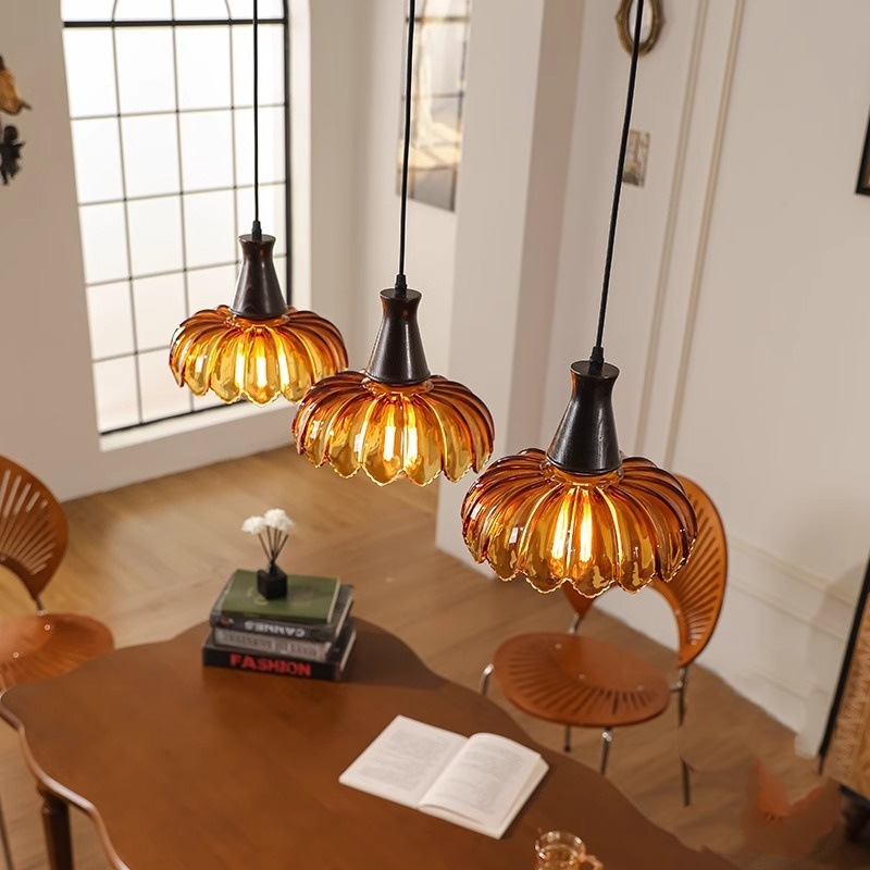 Japanese designer medieval style dining table lamp three-head lotus glass lamp