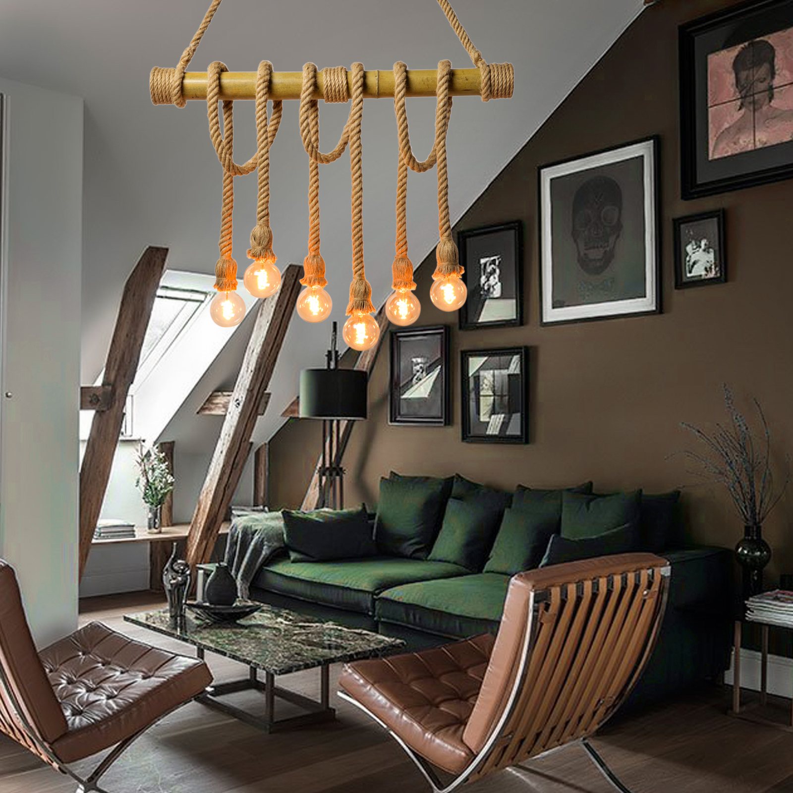 Industrial Vintage Island Pendant Light with Rope Wood Decoration-labpiecesign