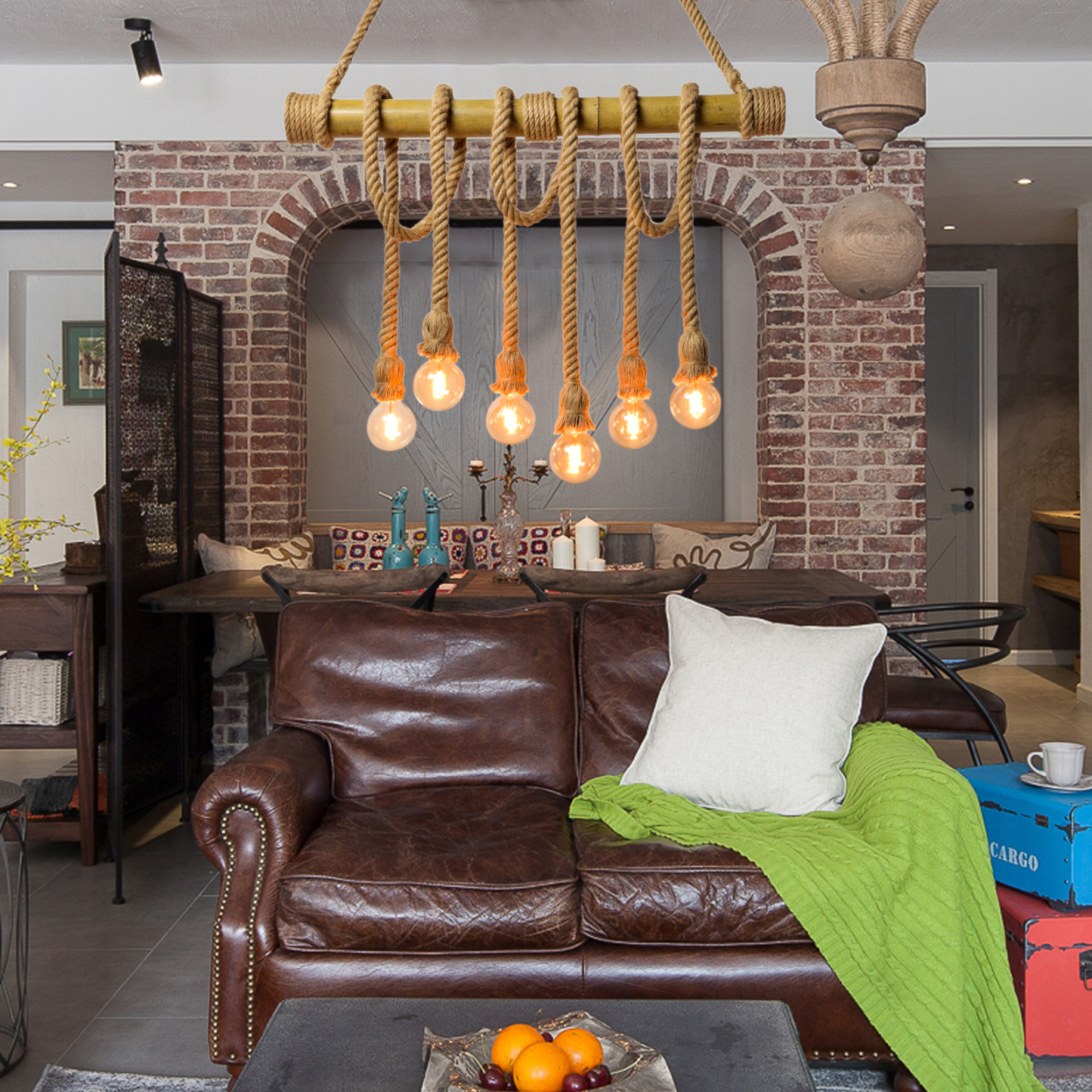 Industrial Vintage Island Pendant Light with Rope Wood Decoration-labpiecesign
