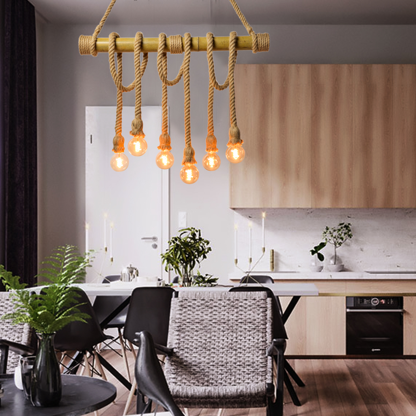 Industrial Vintage Island Pendant Light with Rope Wood Decoration-labpiecesign