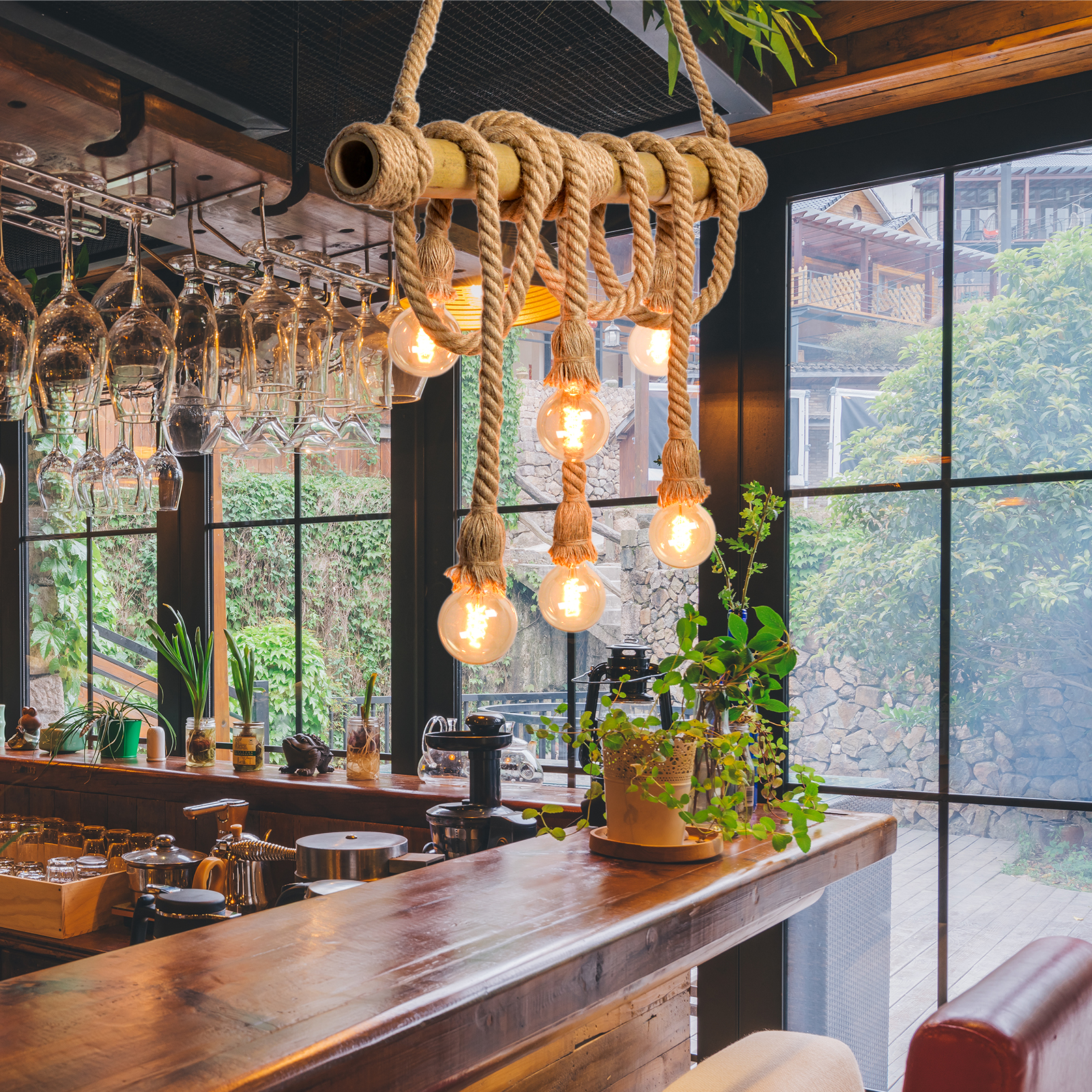 Industrial Vintage Island Pendant Light with Rope Wood Decoration-labpiecesign