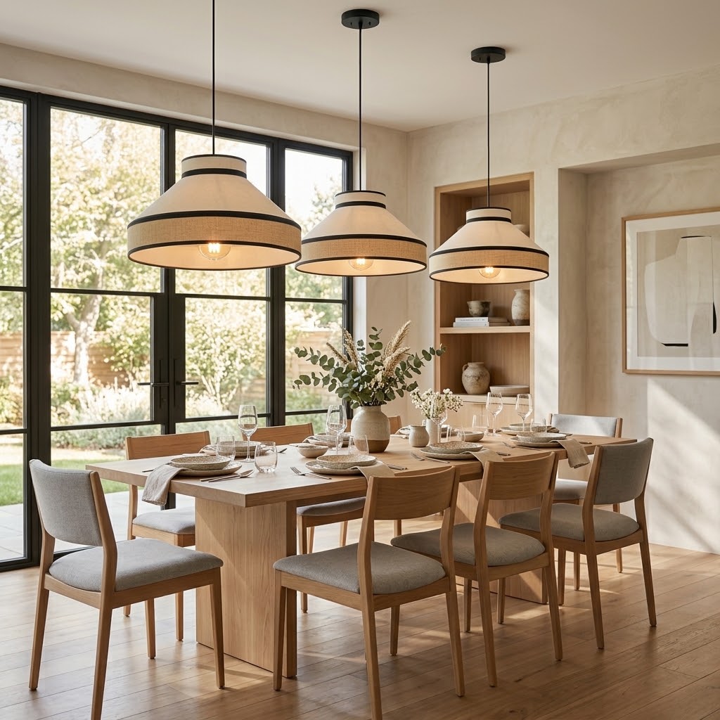Modern Organic Linen Pendant Light with Black Trim | Fabric Hanging Shade Light