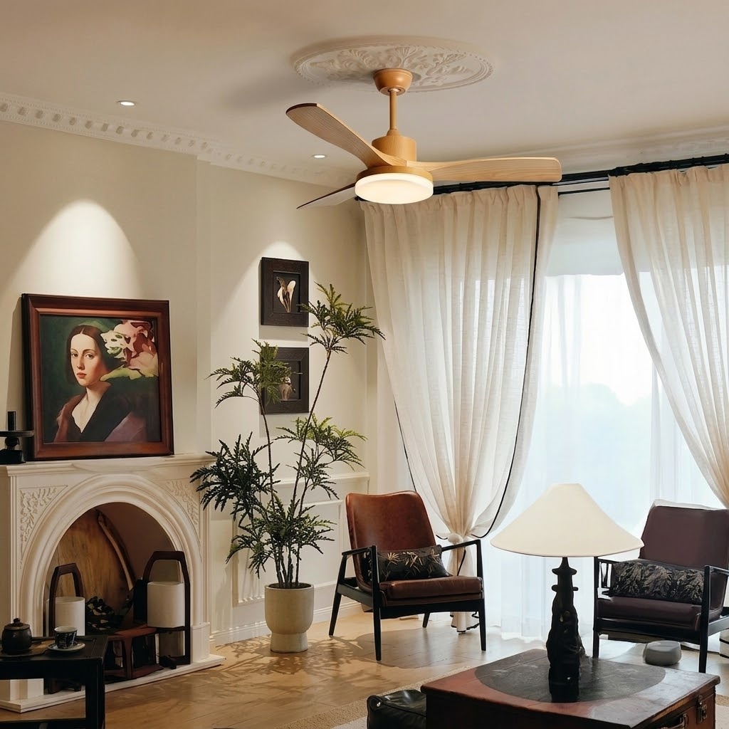 Modern Natural Wood Ceiling Fan Light with LED for Living Room