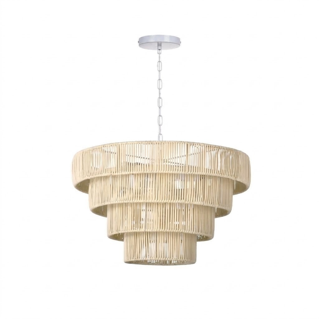 Natural Woven Rattan Tiered Pendant Light for Dining Room