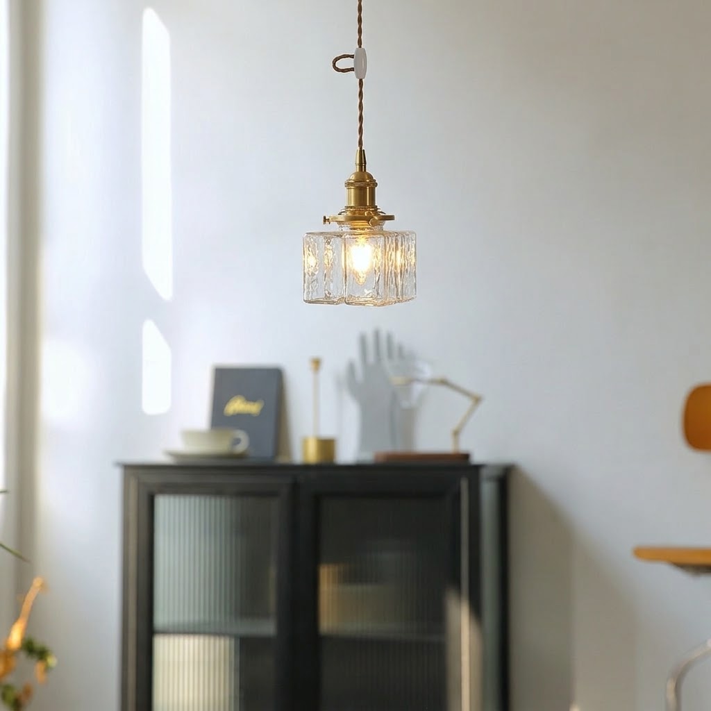 Modern Handblown Glass Pendant Light - Vintage Brass Square Hanging Lamp