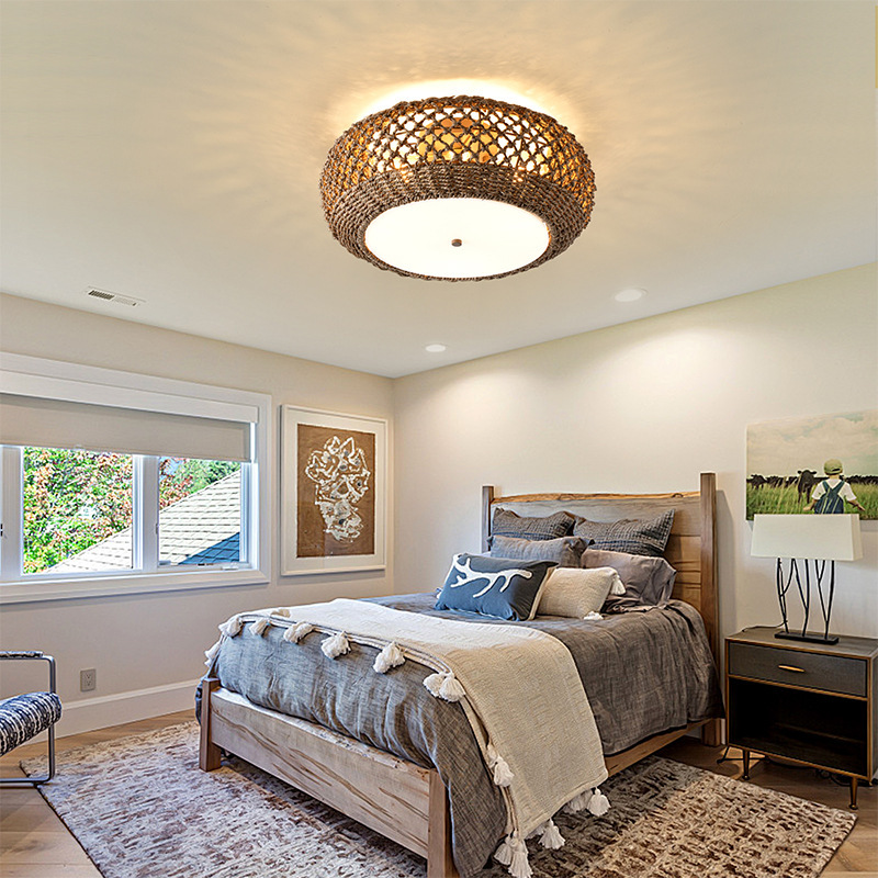 Wabi-Sabi Style Japanese Ceiling Light Rustic Rattan Corridor Aisle Light Vintage Wood Entrance Hallway Balcony Cloakroom Lighting