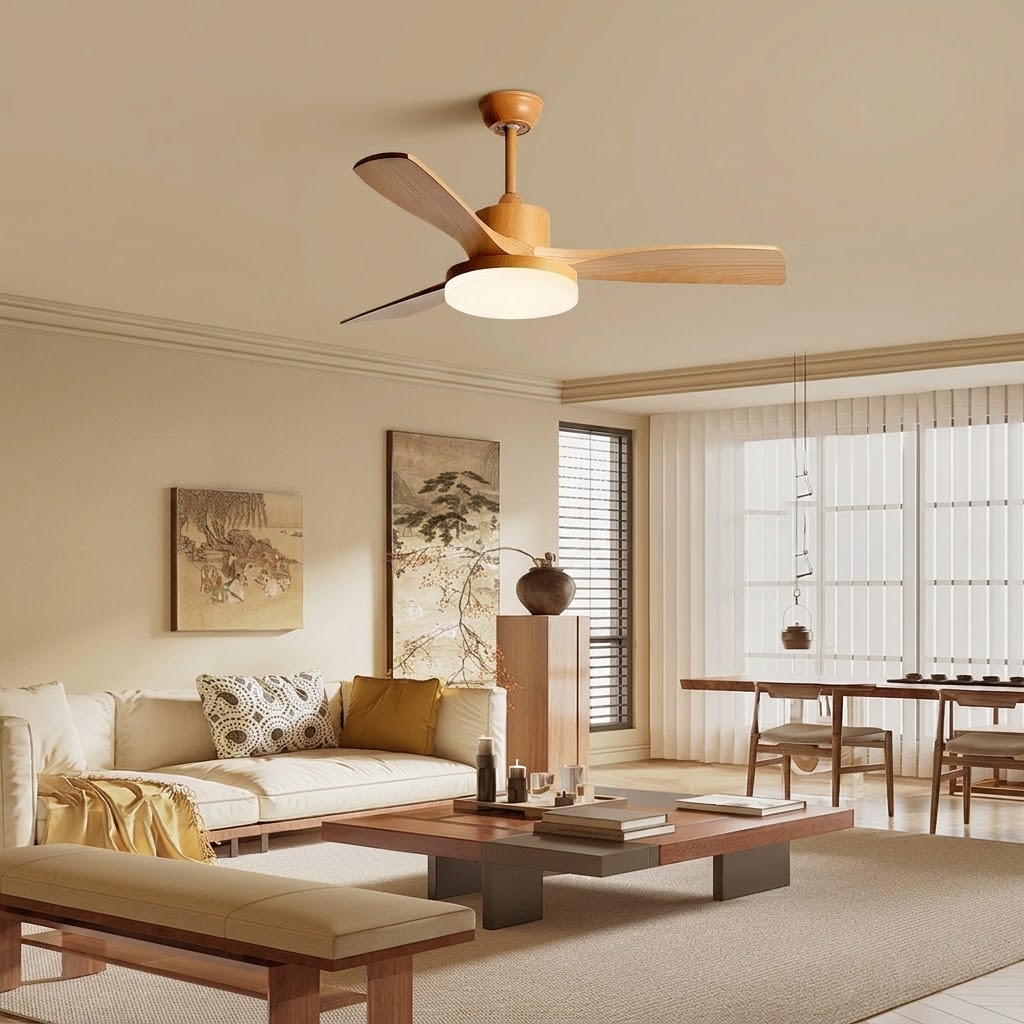 Modern Natural Wood Ceiling Fan Light with LED for Living Room