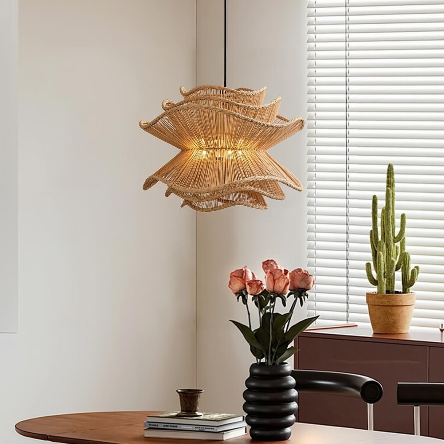 Vietnam Flower Rattan Pendant Light, Wicker Lampshade Chandelier