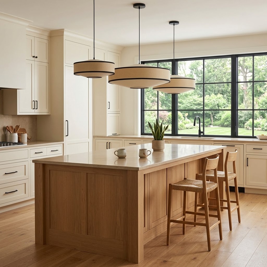 Japandi Fabric Drum Pendant Light Modern Linen Chandelier