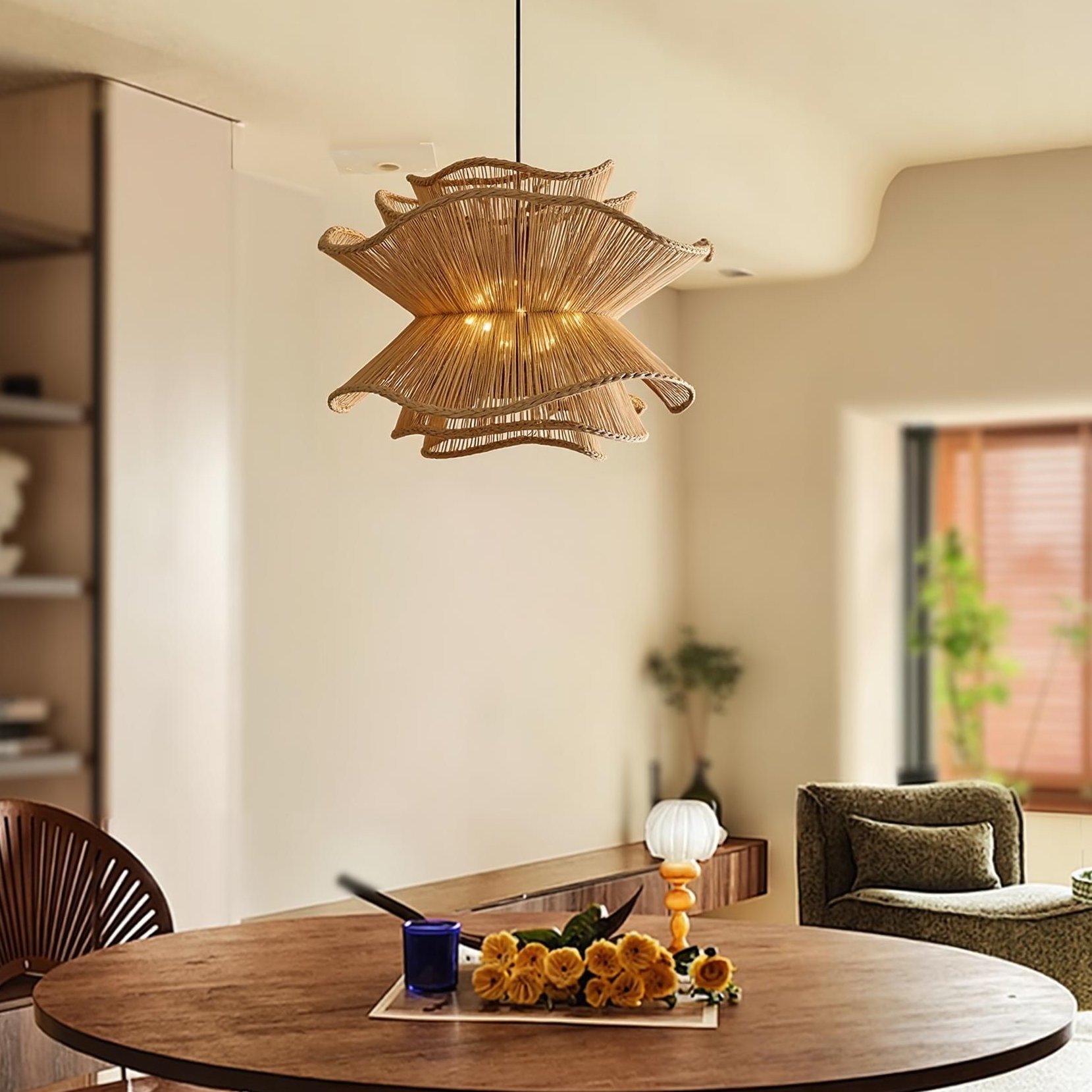 Vietnam Flower Rattan Pendant Light, Wicker Lampshade Chandelier