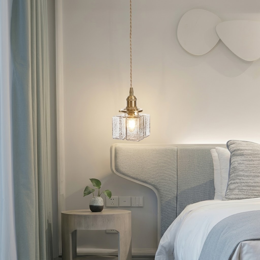 Modern Handblown Glass Pendant Light - Vintage Brass Square Hanging Lamp
