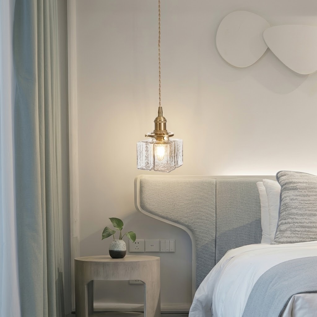 Modern Handblown Glass Pendant Light - Vintage Brass Square Hanging Lamp