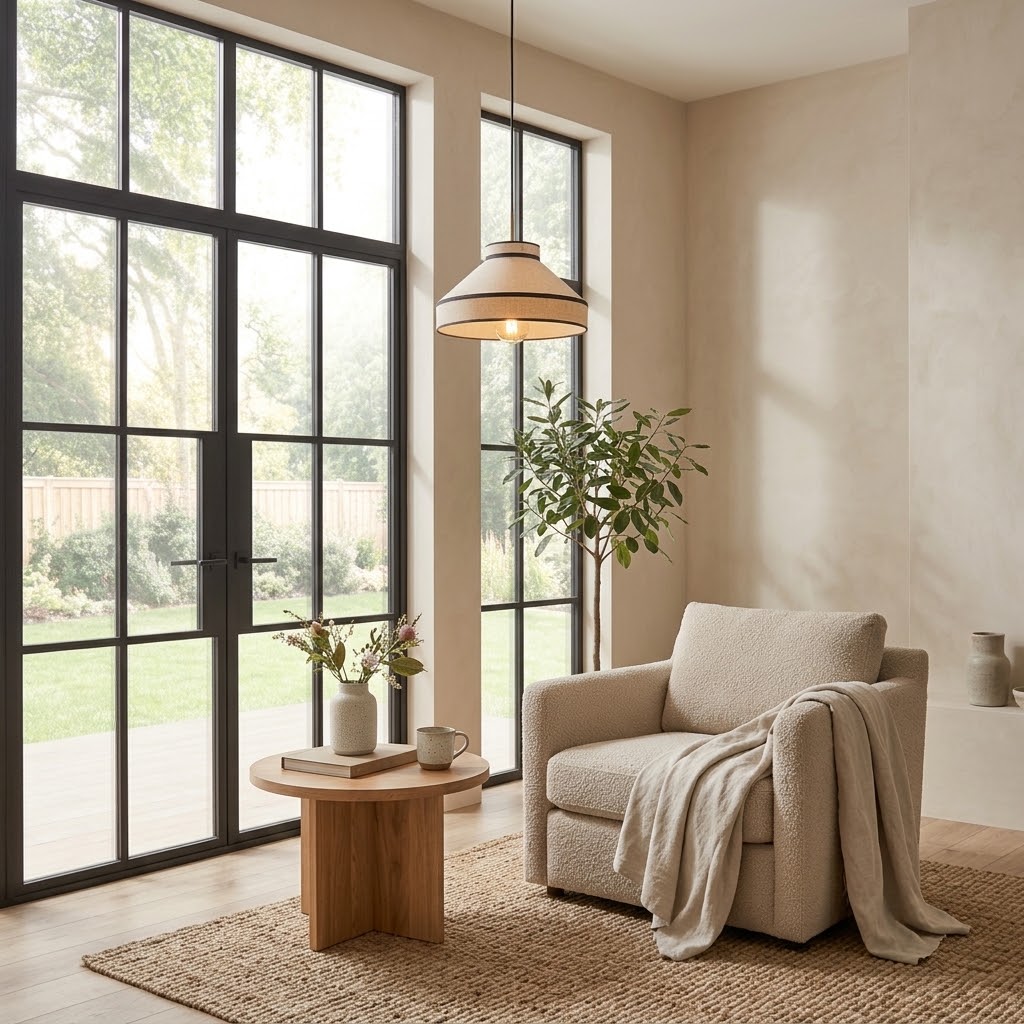 Modern Organic Linen Pendant Light with Black Trim | Fabric Hanging Shade Light