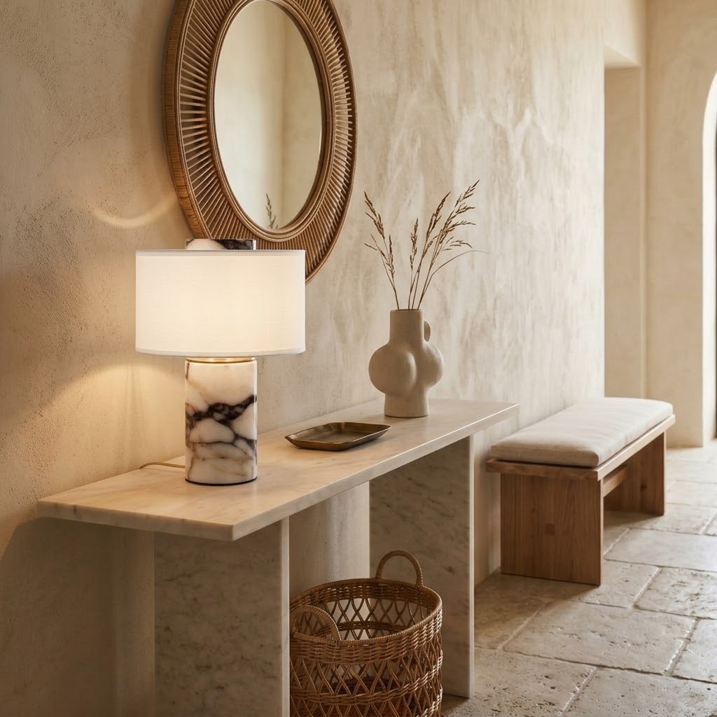 Modern Stone Base Table Lamp with White Fabric Shade for Bedroom