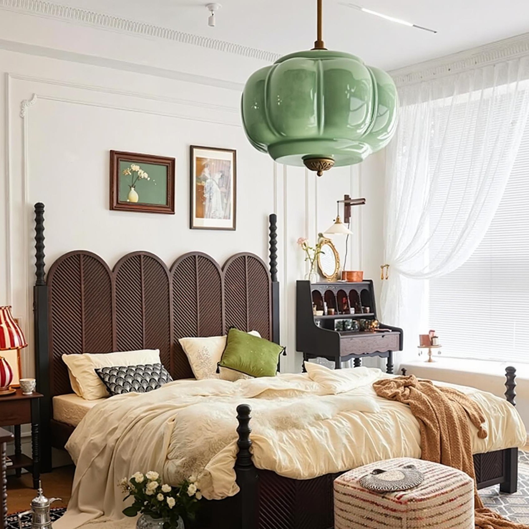 Vortan Antique Brass Green Glass Semi-Flush Mount Pendant Lamp