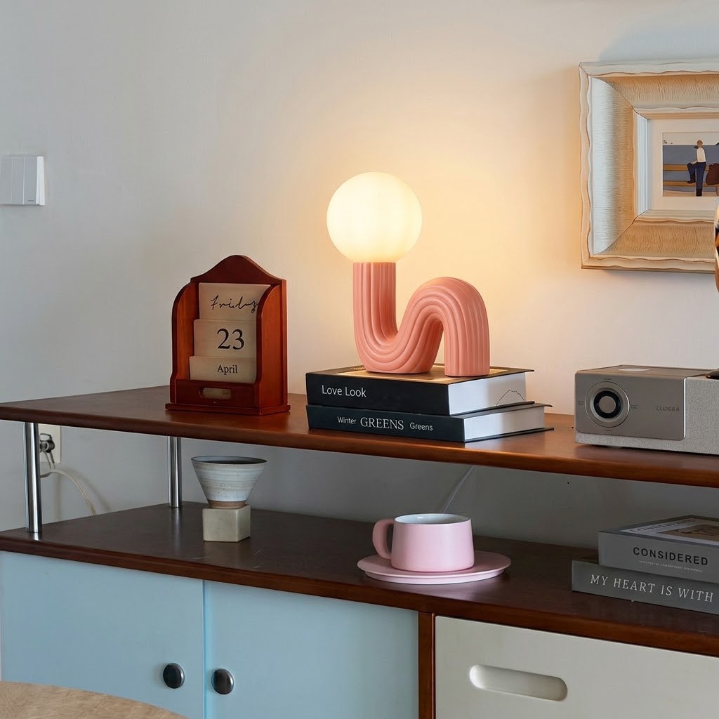 Sculptural Wave Resin Table Lamp with Glass Globe Shade