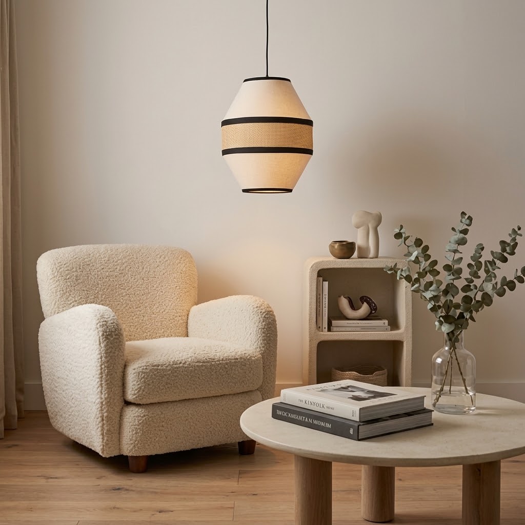 Japandi Linen Pendant Light - Modern Woven Rattan Drum Chandelier