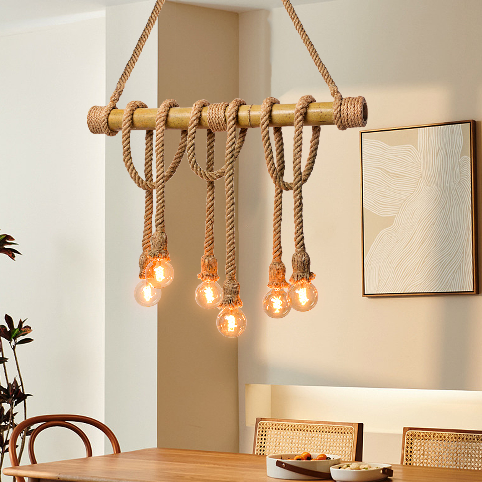 Industrial Vintage Island Pendant Light with Rope Wood Decoration-labpiecesign
