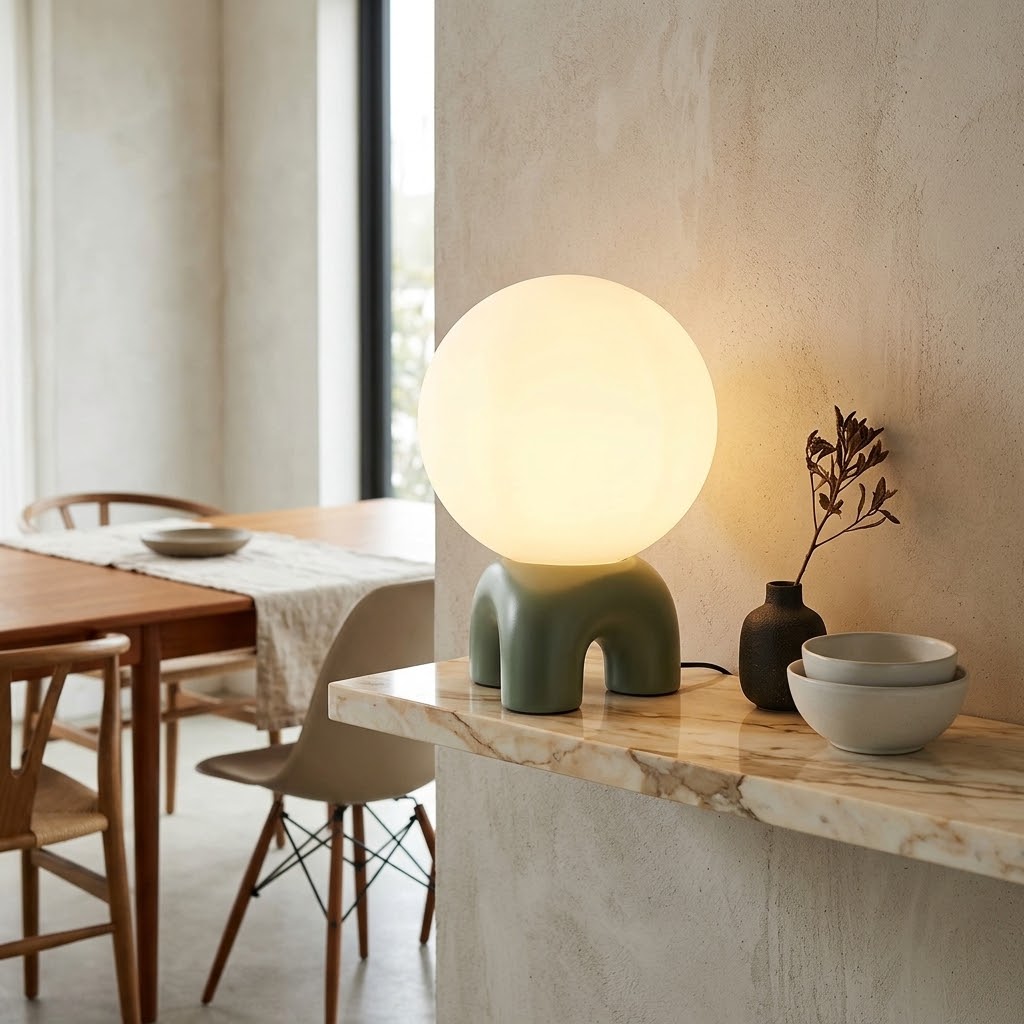 Modern Sculptural Globe Table Lamp with Frosted Glass & Arch Base