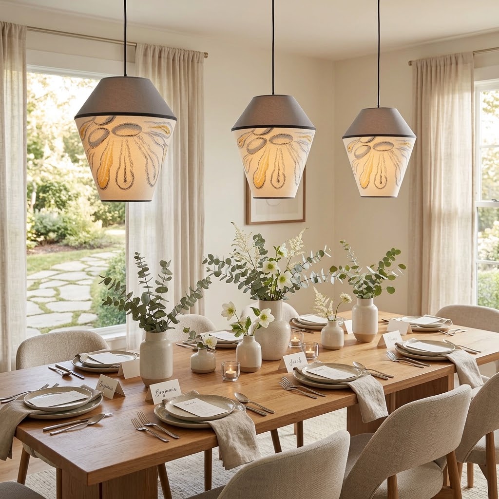 Modern Organic Two-Tone Fabric Pendant Light – Printed & Solid Shade