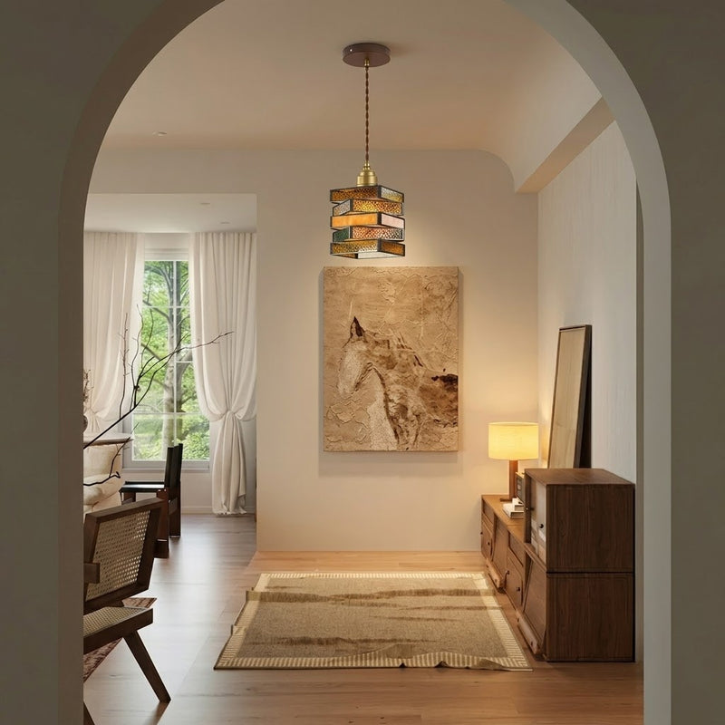 Vintage Geometric Stained Glass Pendant Light