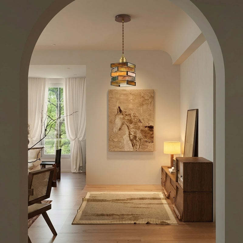 Vintage Geometric Stained Glass Pendant Light