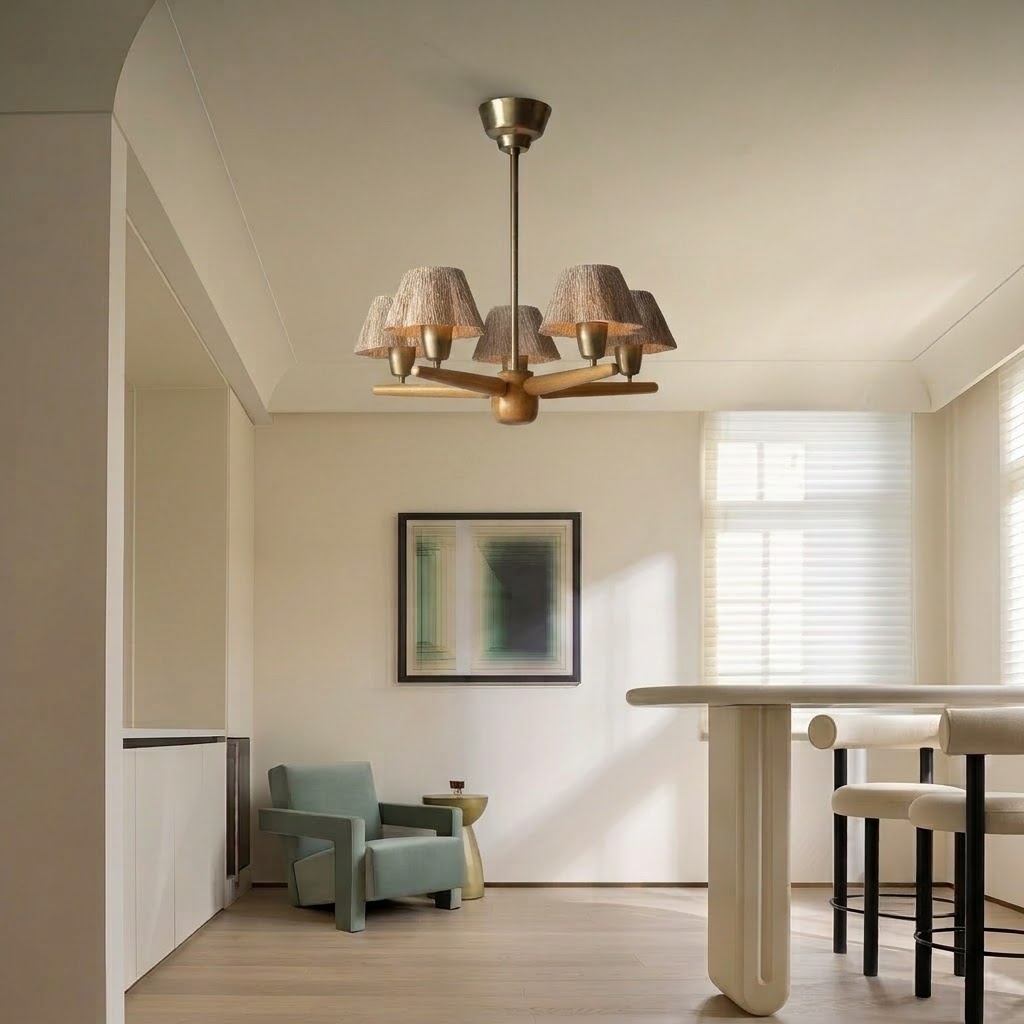 Mid-Century Solid Wood Fabric Chandelier for Dining Room & Bedroom
