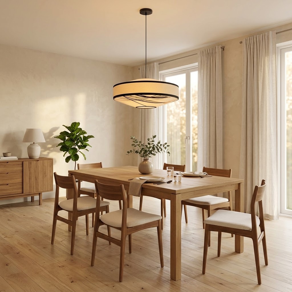 Japandi Fabric Drum Pendant Light Modern Linen Chandelier