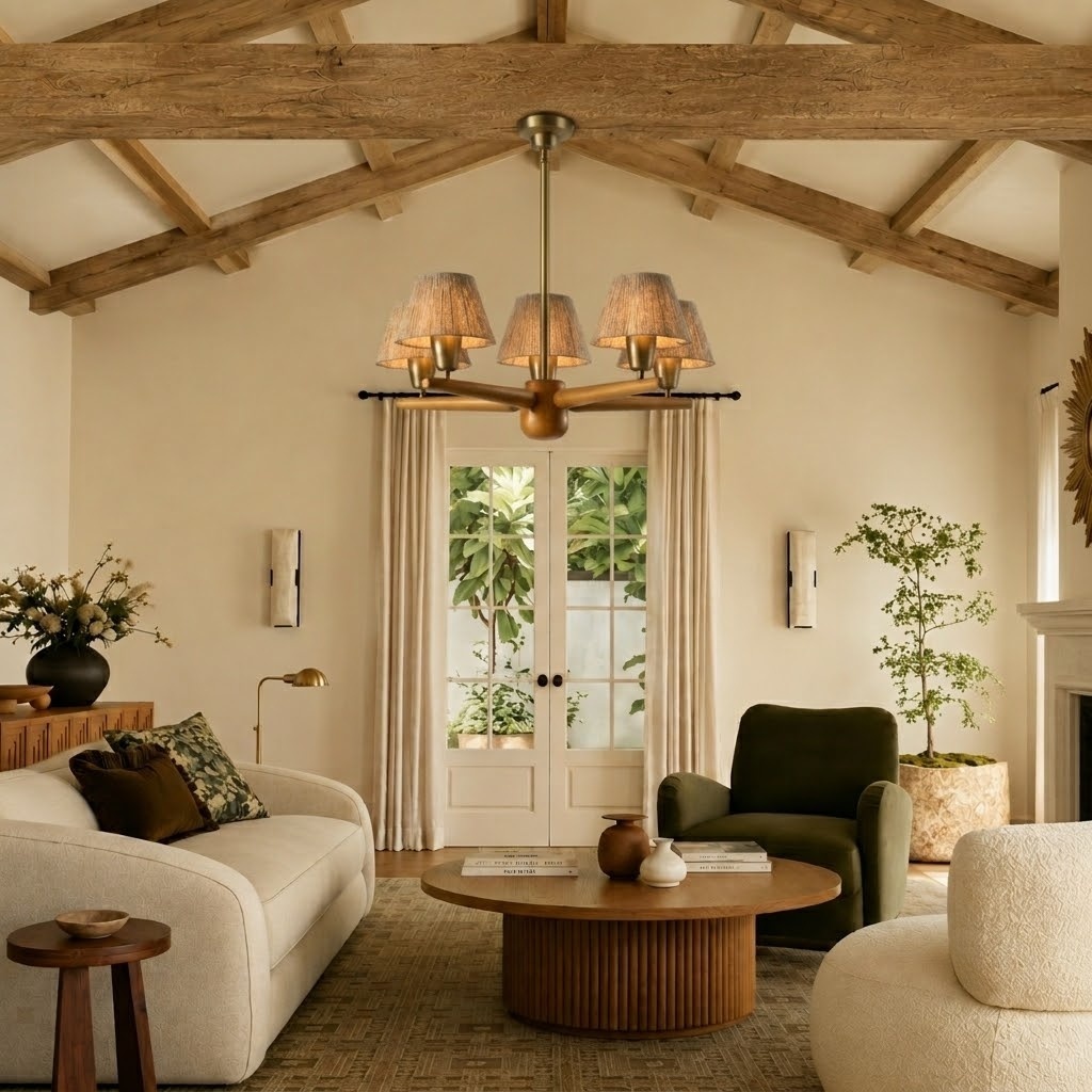Mid-Century Solid Wood Fabric Chandelier for Dining Room & Bedroom