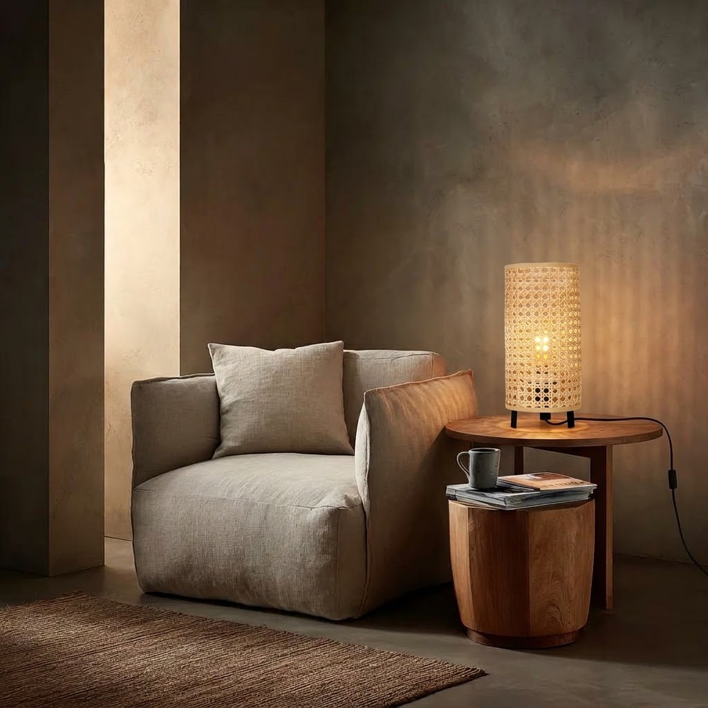 Woven Rattan Table Lamp with Black Metal Base for Bedroom and Living Room