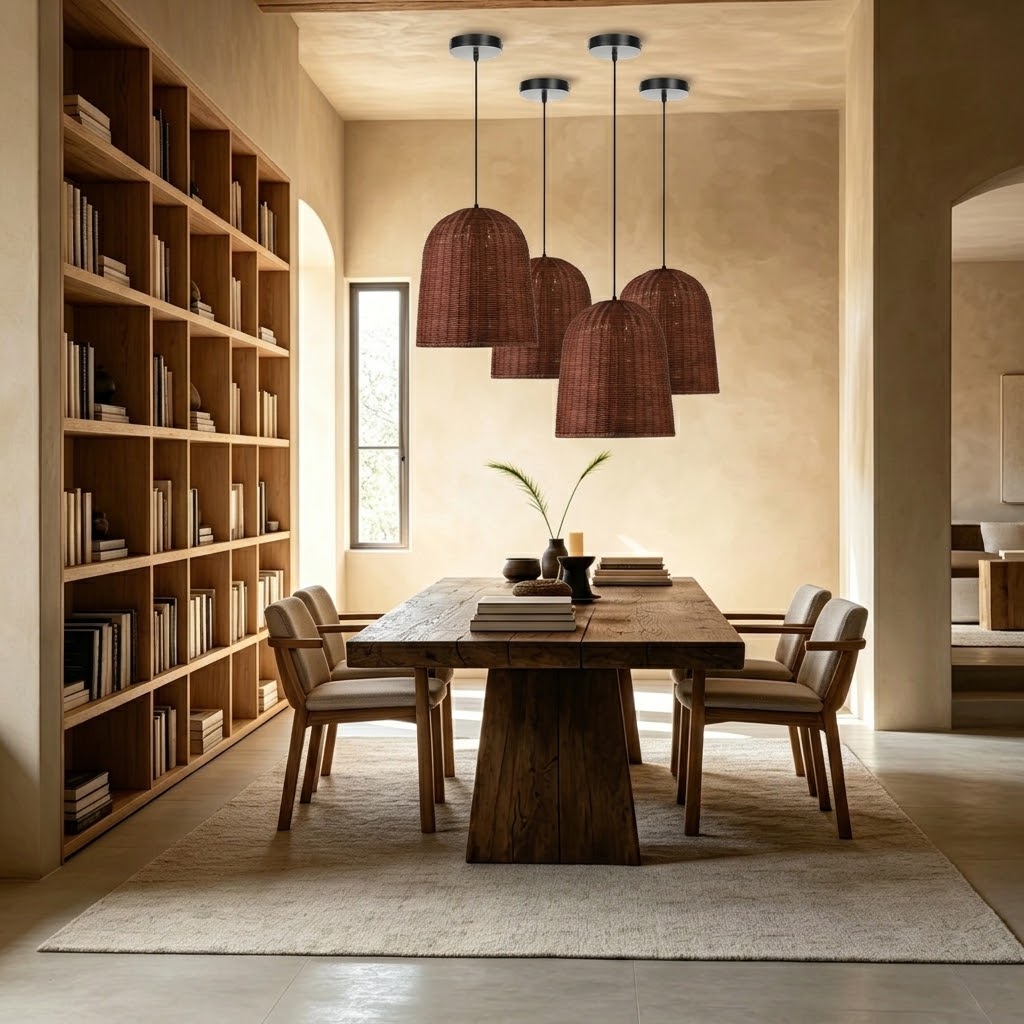 Handcrafted Brown Rattan Dome Pendant Light for Kitchen Island