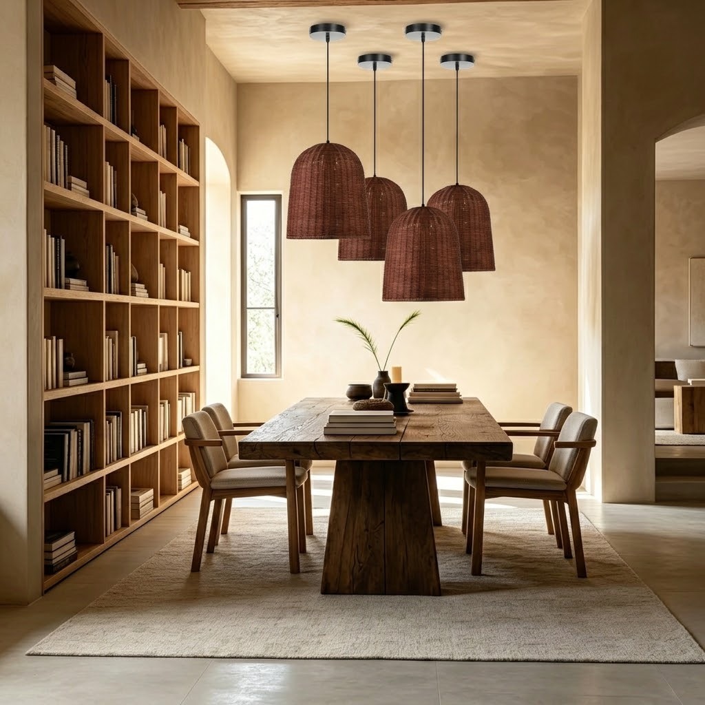 Handcrafted Brown Rattan Dome Pendant Light for Kitchen Island